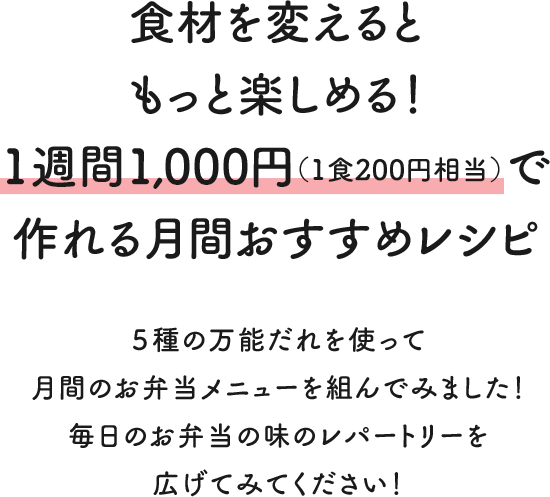 食材を変えると もっと楽しめる！ 1週間1,000円（1食200円相当）で 作れる月間おすすめレシピ ５種の万能だれを使って 月間のお弁当メニューを組んでみました！ 毎日のお弁当の味のレパートリーを 広げてみてください！ ※食材の価格は参考価格です。 ※価格は店舗や時期により変動するのでご参考にして下さい。